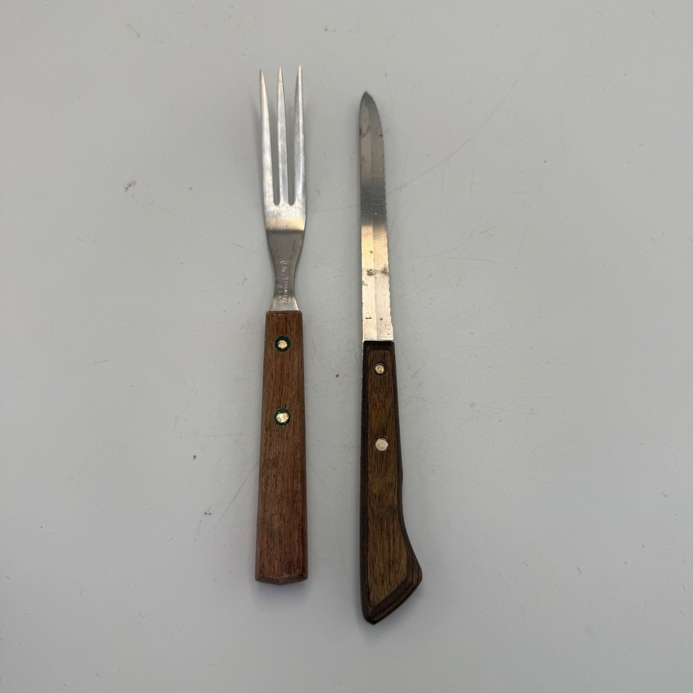 Vintage Ekco Flint Stainless Vanadium Knife and Meat Granny Fork Wood Handle USA